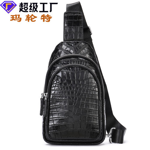 新款欧美跨境头层牛皮鳄鱼纹包 真皮男式休闲单肩休闲胸包批发