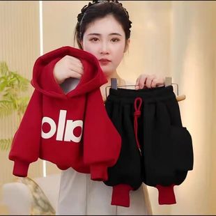 男童加绒套装红色新款中小童时髦潮流灯笼裤加绒红色套头衫两件套