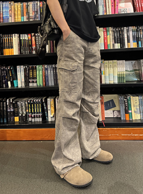SSLstudio美式复古大理石口袋直筒阔腿工装裤男女宽松伞兵裤休闲