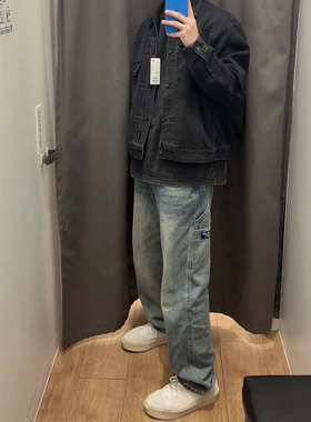 SSLstudio水洗牛仔裤男女同款宽松直筒阔腿裤子男士口袋工装长裤