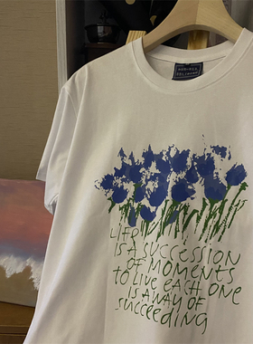【蓝色浪漫】原创设计2025新款花卉字母印花男女宽松纯棉短袖T恤
