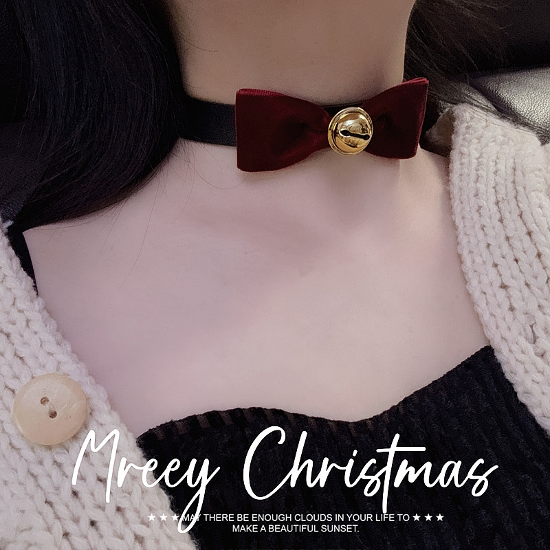 圣诞新年红色丝绒蝴蝶结choker铃铛项链女颈链锁骨链秋冬可爱项圈