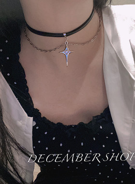 包邮黑色皮质双层choker十字四芒星颈链金属链条小众锁骨链脖带
