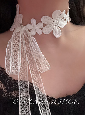 夏日仙白色花朵蕾丝蝴蝶结颈环颈带绑带choker锁骨链配饰项链项圈