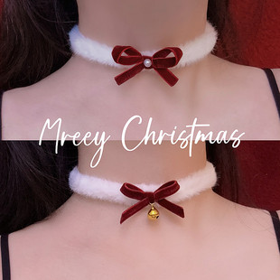 圣诞新款 蝴蝶结铃铛项链女毛绒choker颈链锁骨链秋冬可爱配饰项圈