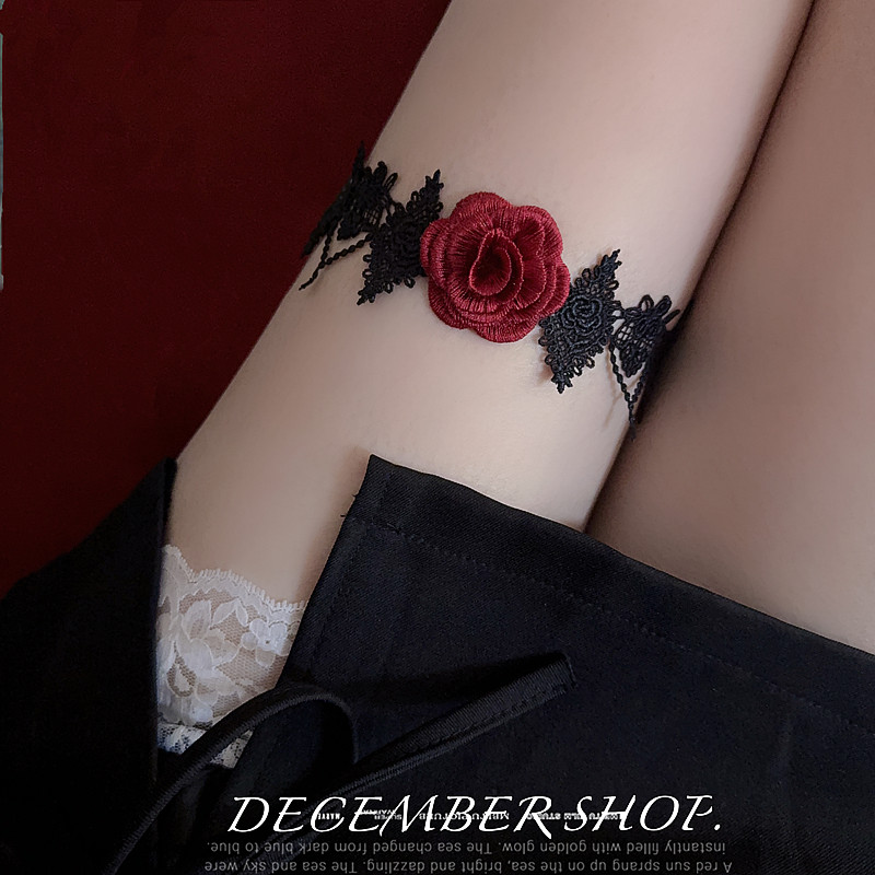 新款血玫瑰花腿环暗黑万圣节蕾丝cosplay大腿链项链性感拍摄道具