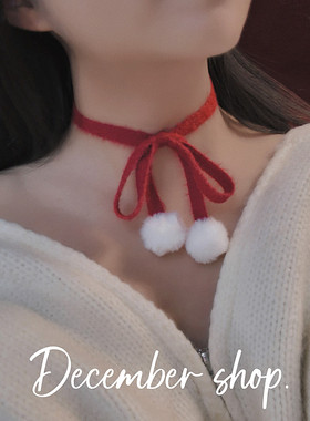 冬季新款小毛球蝴蝶结项链项圈日系少女choker圣诞配搭锁骨链可爱