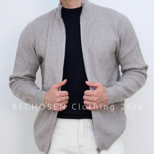 BECHOSEN新贵老钱风立领针织衫2026新款男简约秋冬拉链外套