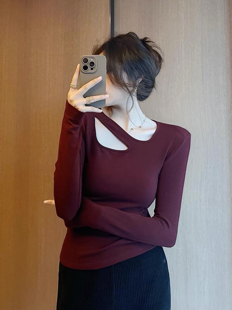 秋冬磨毛纯欲风长袖上衣T恤女右边娄空设计感小心机不规则打底衫