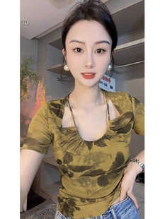 欧货女款挂脖子上衣印花短袖网纱t恤女夏装洋气2026新款半袖