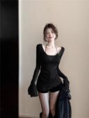 微透显身材内搭打底衫 现货辣妹性感纯欲一字肩上衣女喇叭袖 长袖