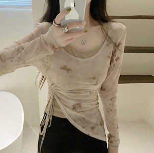 宫廷风印花网纱防晒衫套装女春季新款新中式不规则抽绳上衣两件套