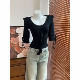 韩系纯欲V领荷叶边T恤袖子可调节抽绳绑带收腰紧身短款内搭上衣女