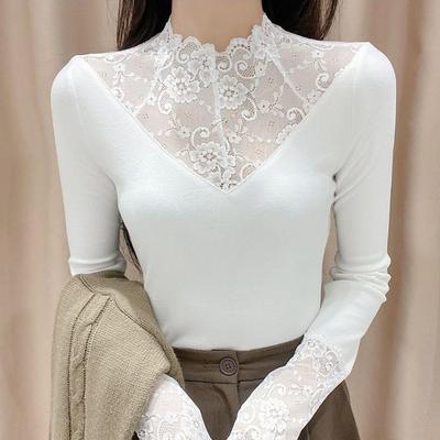 秋冬季洋气时尚保暖内搭小衫欧货百搭白色蕾丝领德绒打底衫女上衣