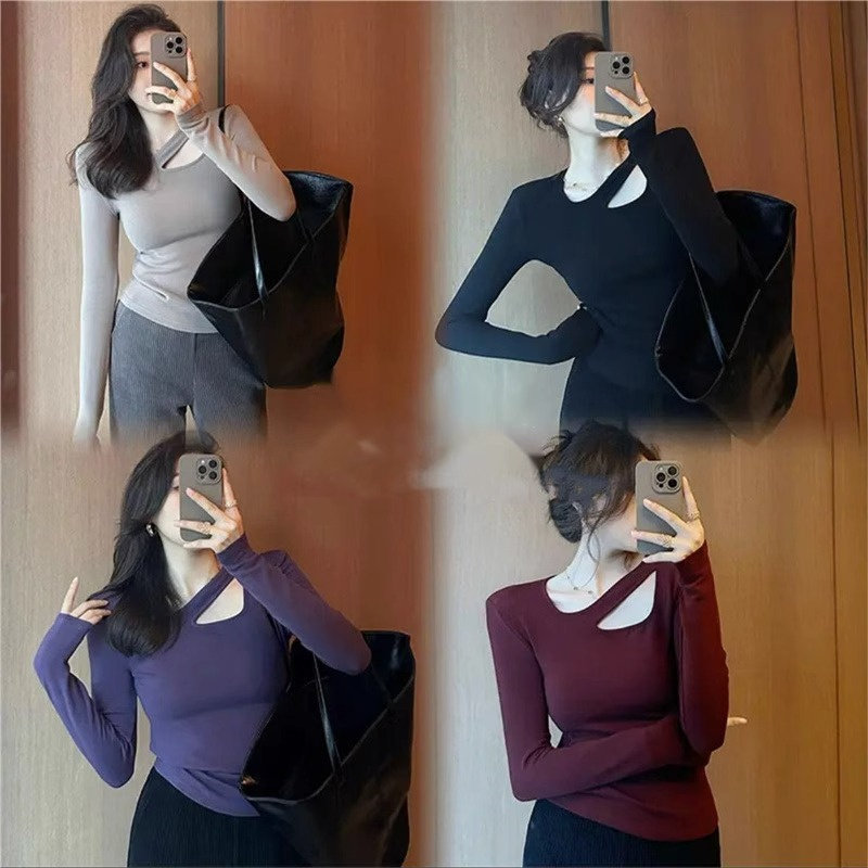 秋冬娄空设计感磨毛纯欲风右边小心机不规则长袖上衣T恤女打底衫