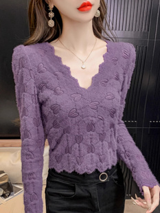 气质磨毛泡泡袖 春秋V领打底蕾丝衫 韩版 新款 蕾丝上衣潮 女2024冬季