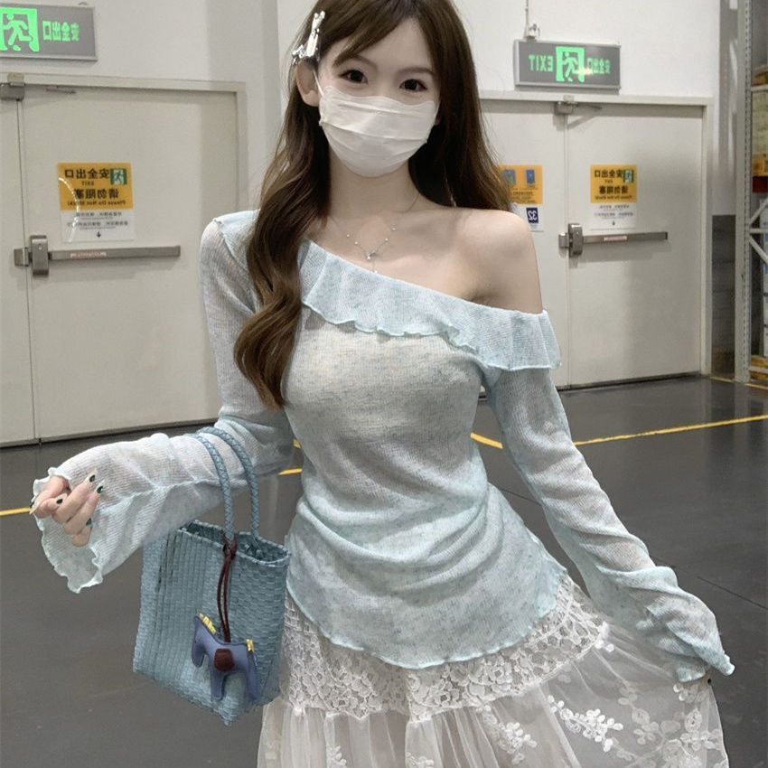 2025春夏新款纯欲小众别致韩系百搭不规则长袖针织罩衫上衣女chic
