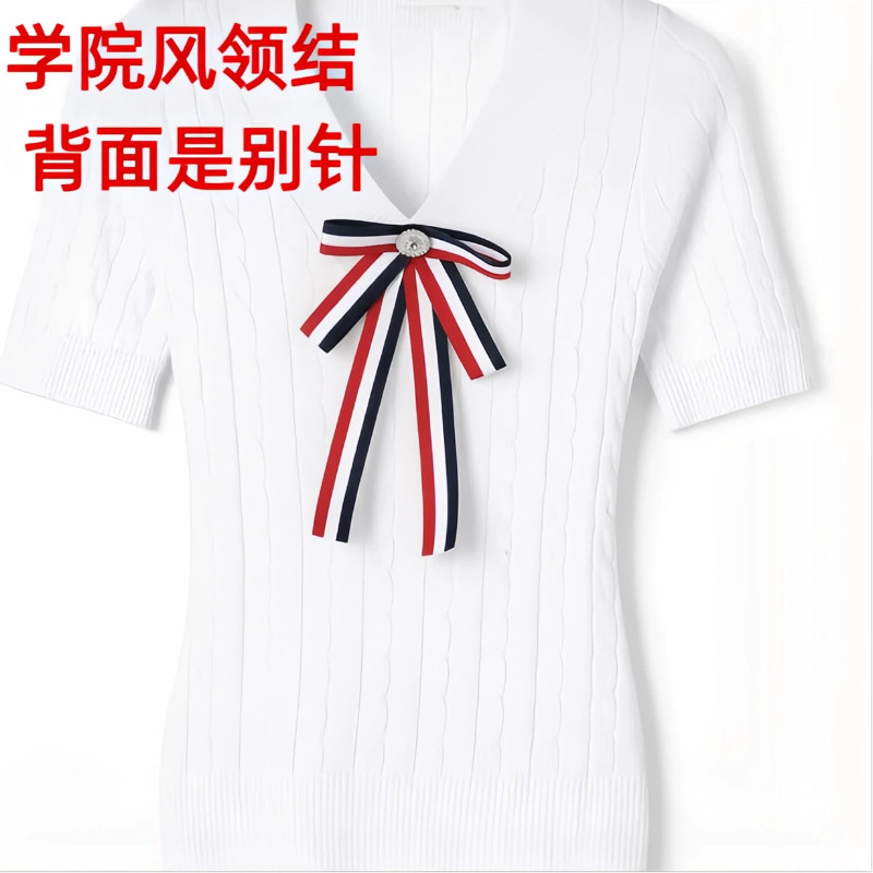 领结女别针领花学院风蝴蝶结红蓝白三色条纹装饰带钻飘带复古扣针