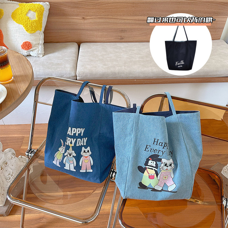 新款帆布袋ins风百搭单肩包大容量卡通牛仔双面背帆布通勤托特包,箱包皮具/热销女包/男包,时尚帆布包,淘宝优惠券,粉丝福利购,淘宝优惠卷