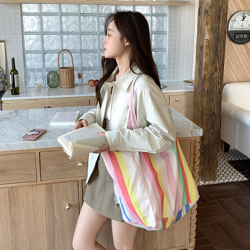 新款多巴胺欧若风多彩色彩虹竖条纹大容量时尚百搭托特包,箱包皮具/热销女包/男包,时尚帆布包,淘宝优惠券,粉丝福利购,淘宝优惠卷