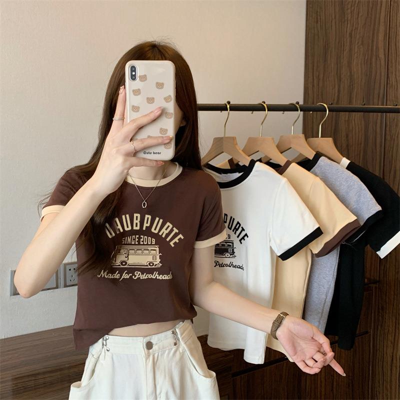 夏季新款甜辣妹撞色圆领短款上衣服设计感显瘦学生短袖恤女