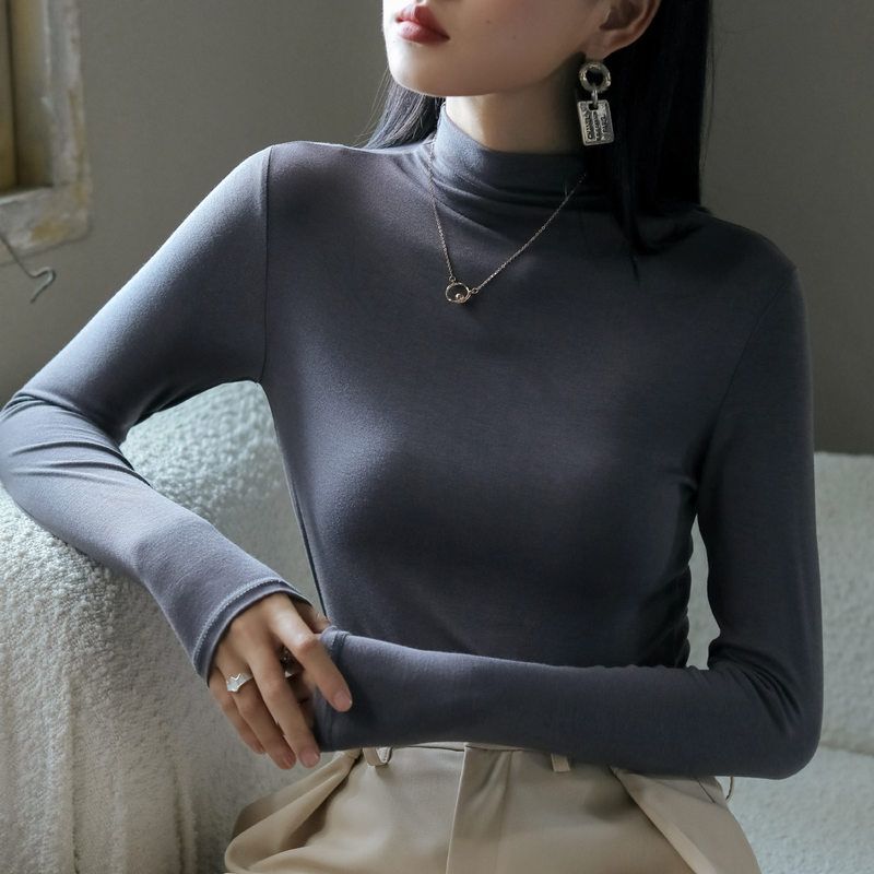 严选2025爆款长袖T恤女早秋新款莫代尔半高领修身显瘦内搭打底衫