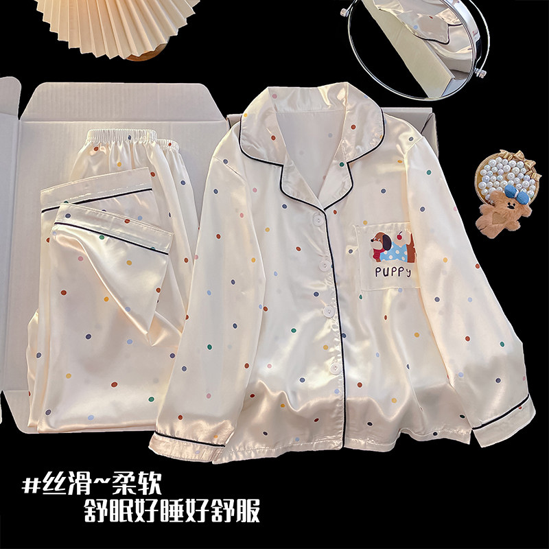 女童睡衣春秋季女孩可爱长袖家居服休闲开衫空调服冰丝中大童套装