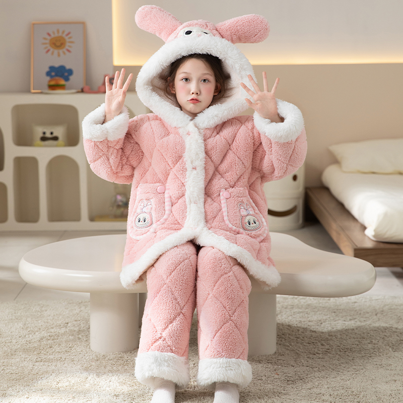 儿童家居服女童睡衣冬季三层夹棉加厚女孩大童珊瑚绒冬款保暖套装