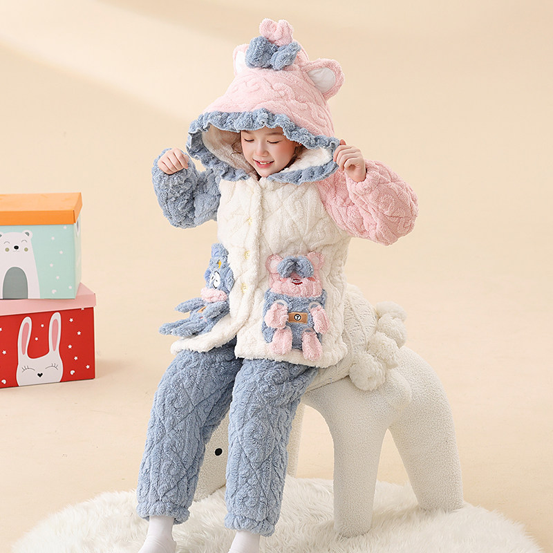 儿童睡衣女童2025新款冬季三层夹棉加绒加厚秋冬款女孩大童家居服