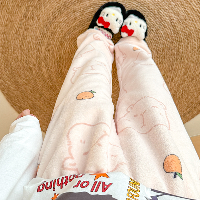 冬季卡通睡裤女法兰绒家居裤可爱简约舒适保暖睡裤加绒加厚休闲裤