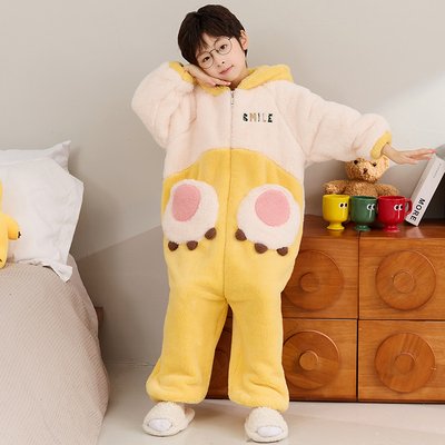 儿童睡衣男童秋冬季珊瑚绒加厚男孩连帽卡通奶龙连体睡袋2025新款