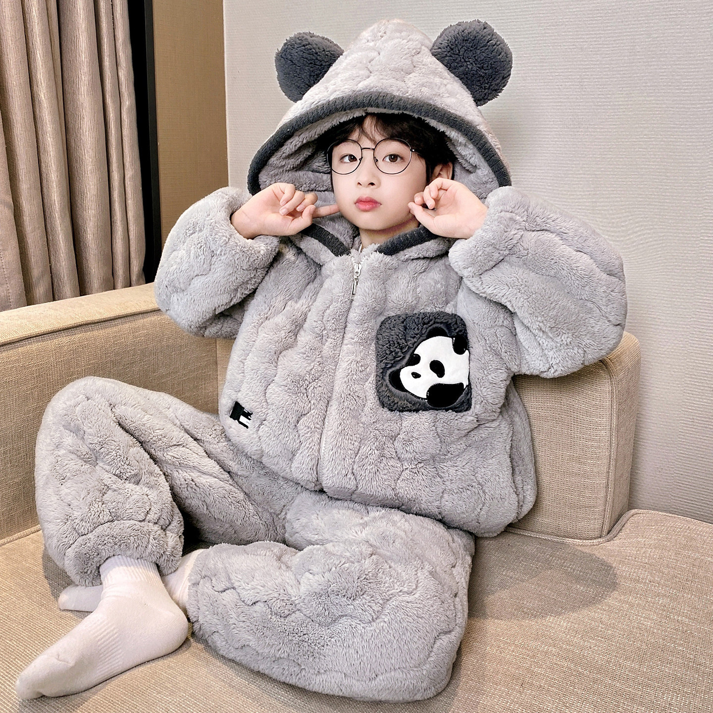儿童睡衣冬款加厚款三层夹棉珊瑚绒卡通男童家居服冬款中大童睡衣