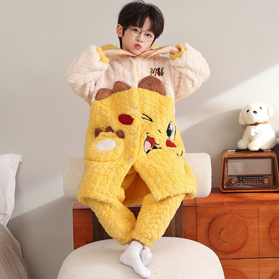 儿童睡衣男童秋冬季珊瑚绒加厚绒中大童男孩法兰绒睡袍家居服套装