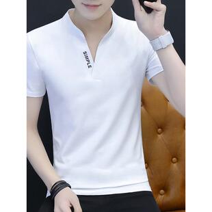 短袖t恤男夏季V领修身丅恤潮流夏装有领纯白色上衣服纯棉冰丝半袖