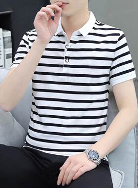 夏季翻领男士短袖t恤纯棉潮流条纹polo衫青年帅气修身带领上衣服