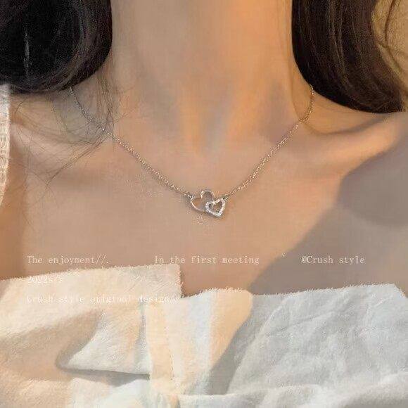 心心相扣项链女小众气质简约纯银心形甜美锁骨链送女友生日礼物