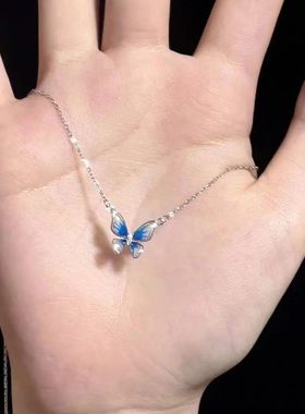 渐变蓝蝴蝶项链女ins小众轻奢高级设计感锁骨链情人节礼物