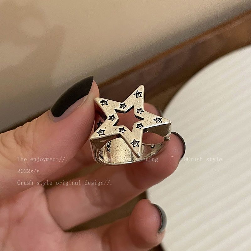 暗黑系~五角星金属开口戒指女小众设计嘻哈冷淡风食指戒情侣指环