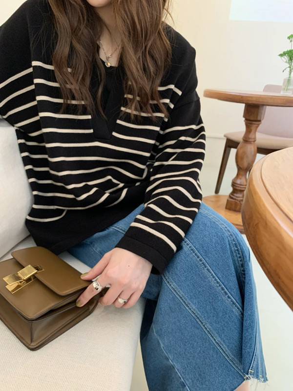 大碗plus定制大码女装微胖慵懒风大V领条纹毛衣秋冬宽松显瘦外套