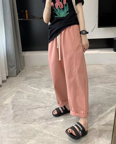 大码女装纯棉抽绳工装显瘦休闲裤
