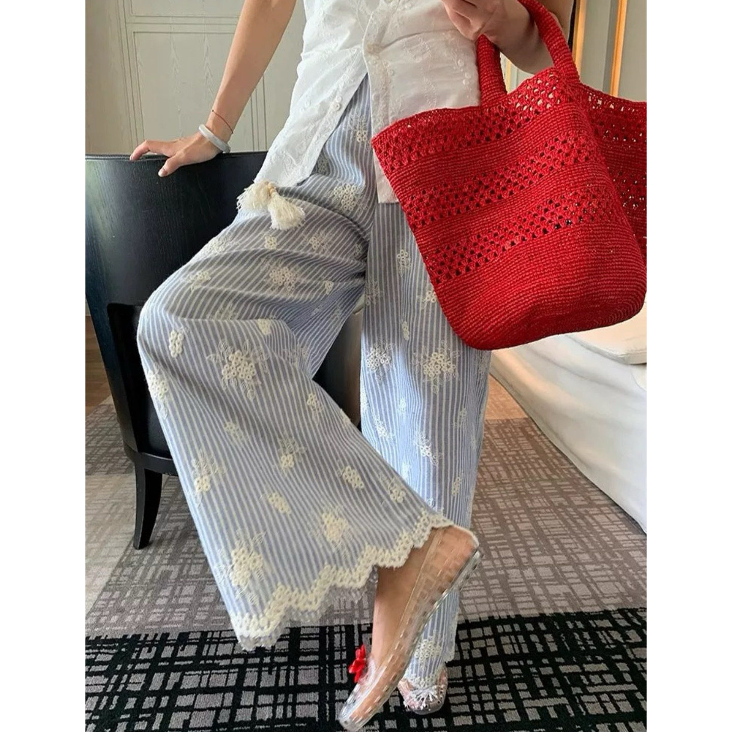 大碗plus定制大码女装微胖mm刺绣条纹阔腿夏高腰宽松显瘦休闲长裤,女装/女士精品,大码裤装,淘宝优惠券,粉丝福利购,淘宝优惠卷