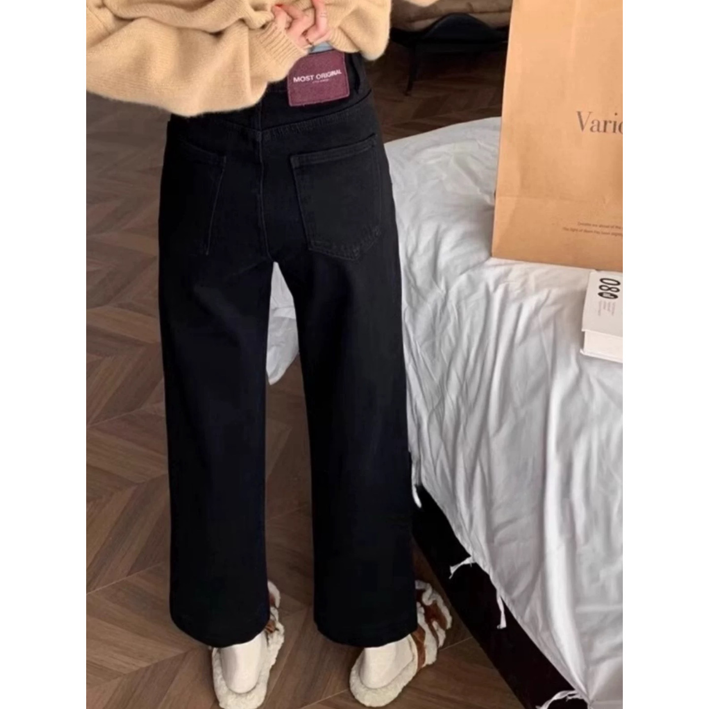 大碗plus定制大码女装微胖mm黑色直筒牛仔秋季宽松显瘦遮挎九分裤