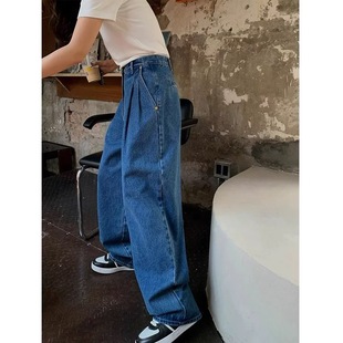微胖复古牛仔阔腿秋高腰宽松显瘦老爹萝卜裤 大碗plus定制大码 女装