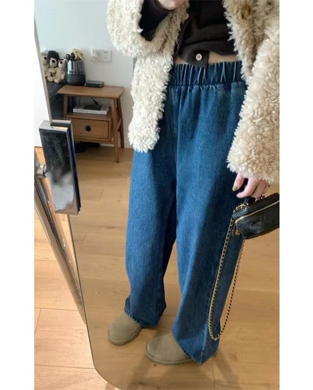 大码女装深蓝色阔腿牛仔拖地裤
