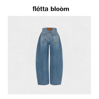 【现货】fletta bloom潮牌烫钻字母小众辣妹宽松阔腿裤弯刀牛仔裤