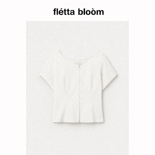 ●fletta bloom韩国女装smoothmood白色蕾丝边收腰衬衫女短袖上衣