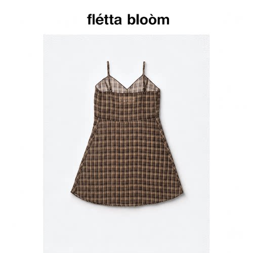 ●fletta bloom viaplain新款韩国设计师对色叠穿格子吊带连衣裙