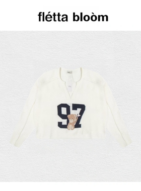 【现货】fletta bloom小海鸥提花数字小熊短款针织衫宽松V领毛衣