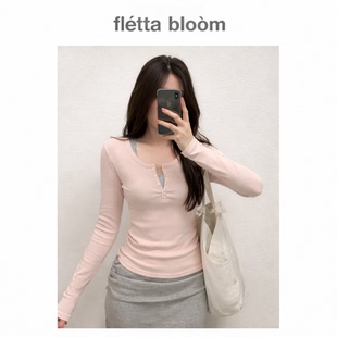 ●fletta bloom韩系女装Zaenio修身显瘦打底衫女圆领排扣长袖上衣