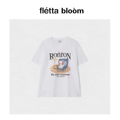 【现货】fletta bloom韩国小众ron猫咪蝴蝶结字母印花短袖T恤上衣